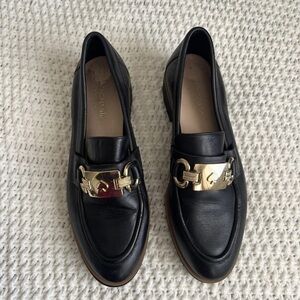 Black Leather Kate Spade Loafers with Gold Buckles